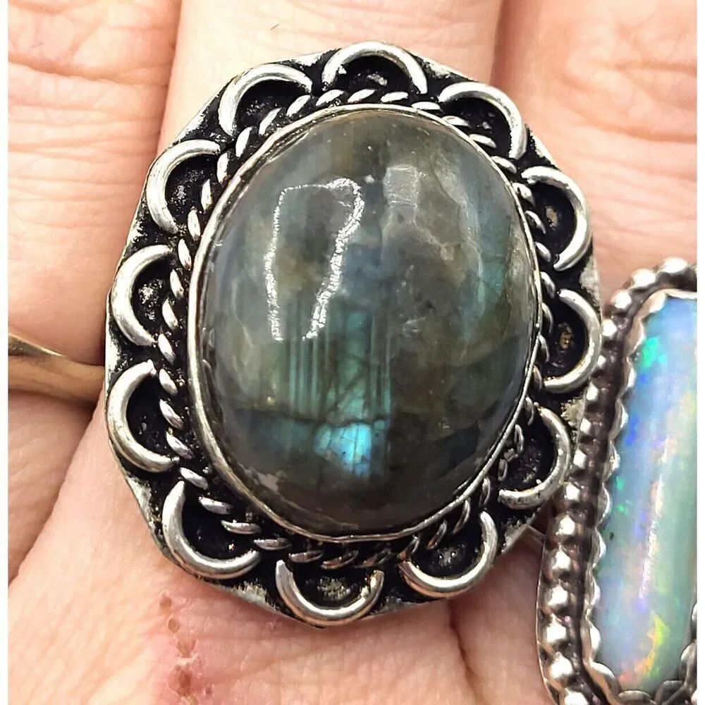 Bohemian Oval Striated Labradorite Stone Ring sz  8.75